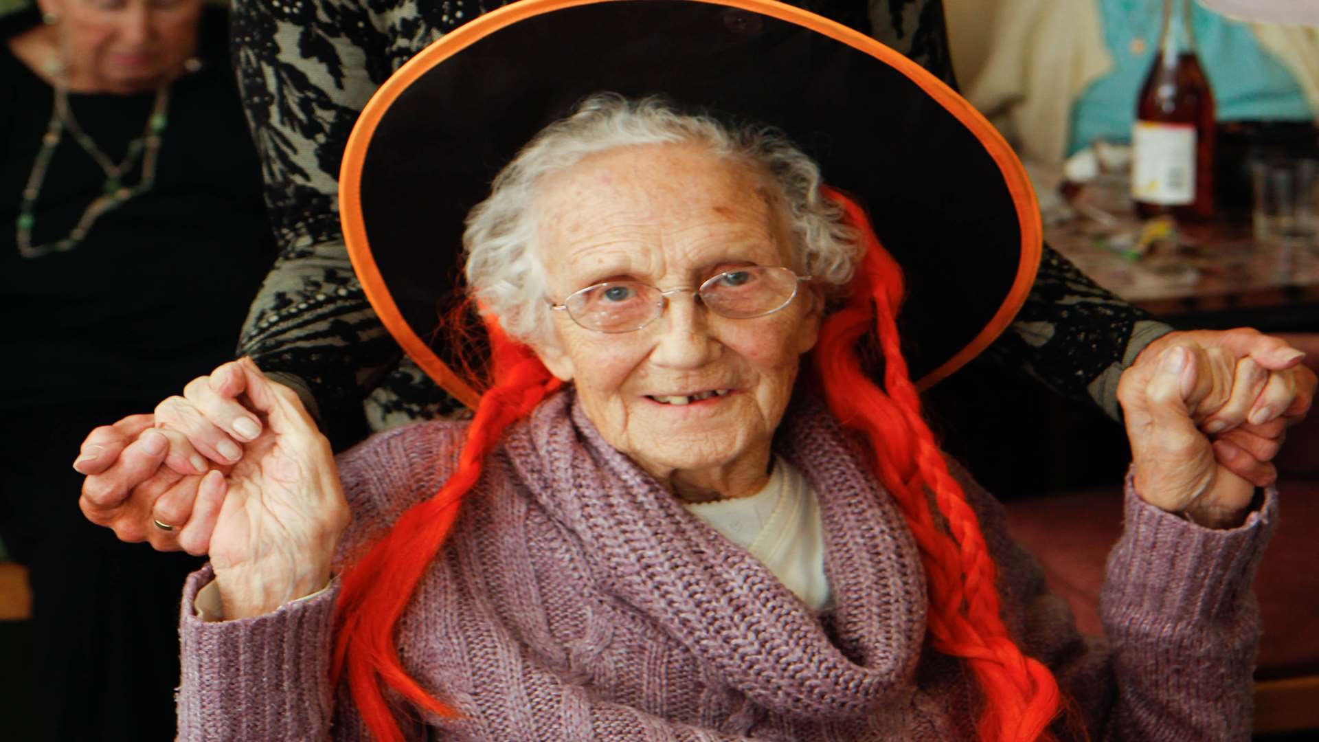 Joan celebrating Halloween at Beechfields Care Home, Teynham, three-years-ago