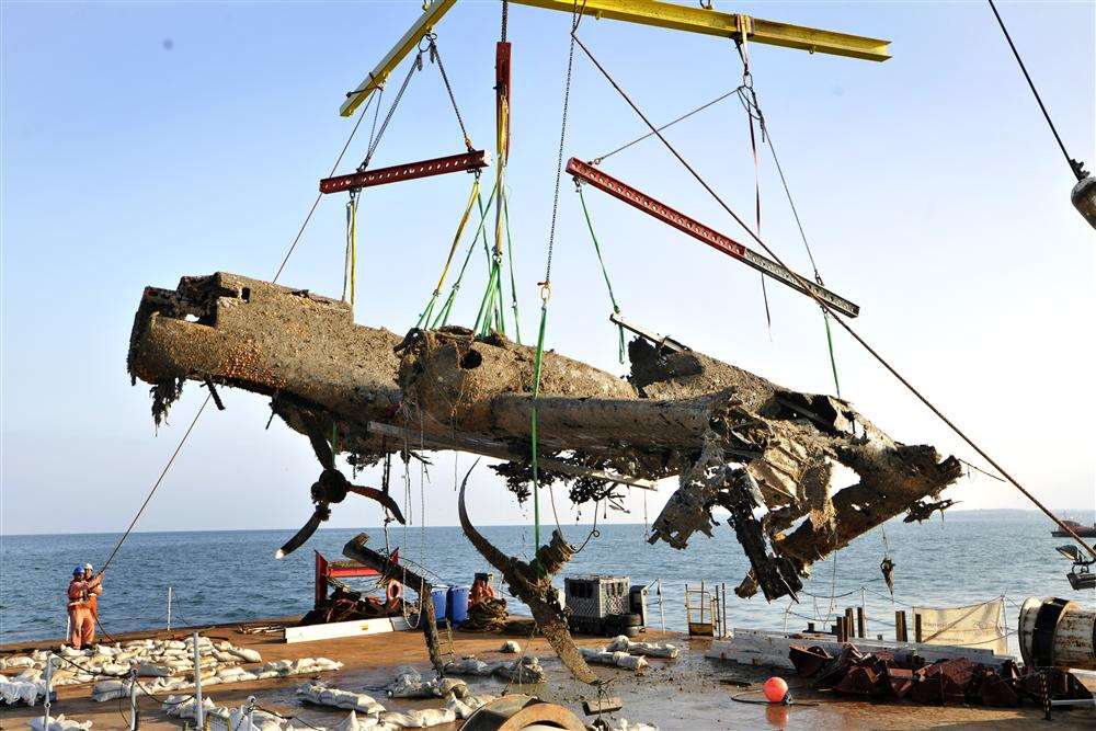 The Dornier 17 is lifted from the seabed off Deal in a £600,000 salvage operation