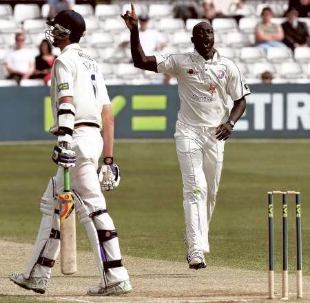 Robbie Joseph celebrates taking the match-winning wicket of Reece Topley against Essex Picture: Gavin Ellis/TGSPHOTO