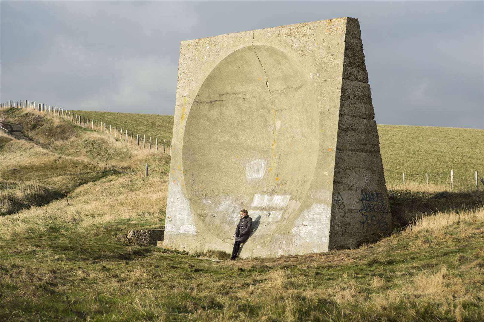 The sound mirror at Abbot's Cliff is frequently shown in the series. Creidt: BBC. Photographer: Luke Varley