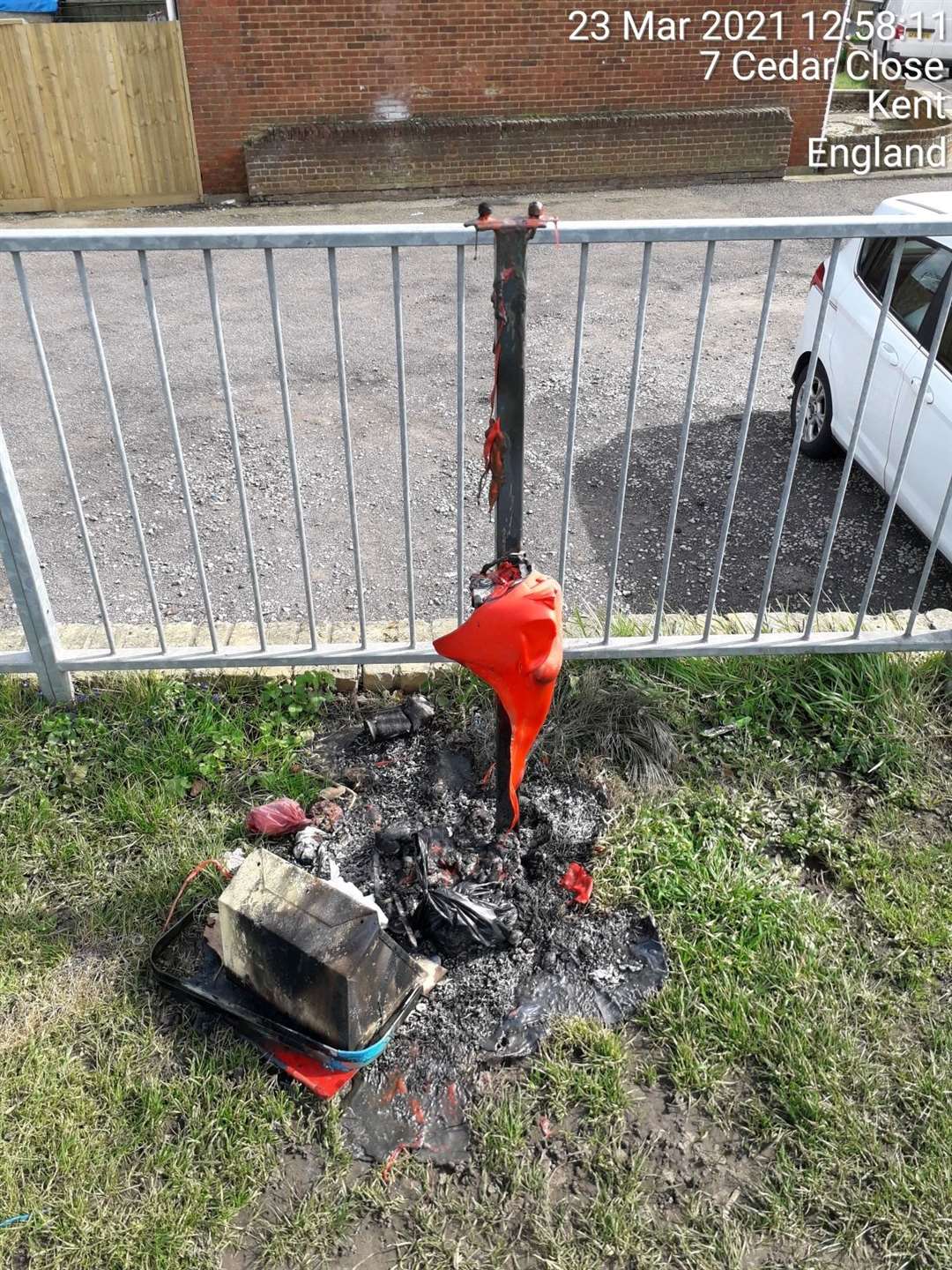 Two dog bins were set alight at playing fields in Sittingbourne. Picture: Swale council