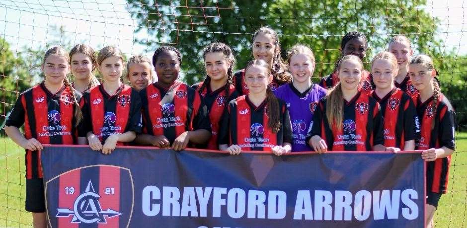 Crayford Arrows Reds' under-14 title-winning players Lacey O'Shaughnessy, Mia Harvey, Lucia Newell, Lois Woollard, Leander Kylea Manentsa, Ruby Phelps, Grace Manchester, Freya Hamill, Phoebe Donaldson, Hillary Adenpo, Neve Williams, Ava Grace Williams, Alexa Hosgood, Rosie Clarke and Maisie Rutherford are crowned champions