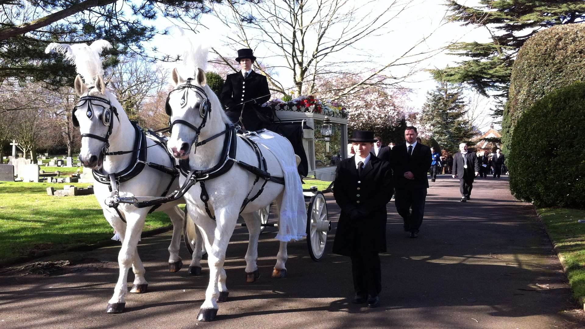 A horse-drawn carriage arrives at the funeral