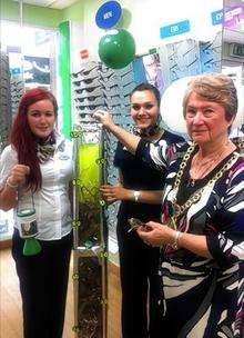 he Mayor of Swale Cllr Pat Sandle popped into the Specsavers store in Sittingbourne to donate her glasses in support of Vision Aid Overseas. She is pictured with staff members Sophie Sussex (left) and Alyshia Abramiam (right).