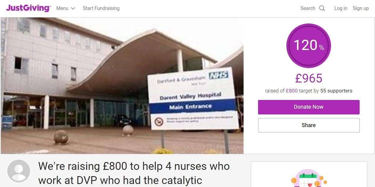 The fundraising page for the staff at Darent Valley whose cars were targeted by thieves while they were on shift. Picture: JustGiving