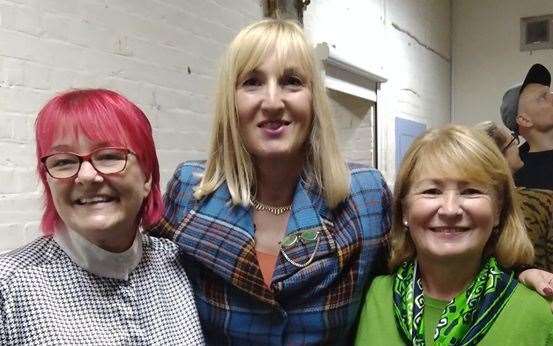 Christine and Gillian pictured wth Bargain Hunt expert Caroline Hawley during the filming