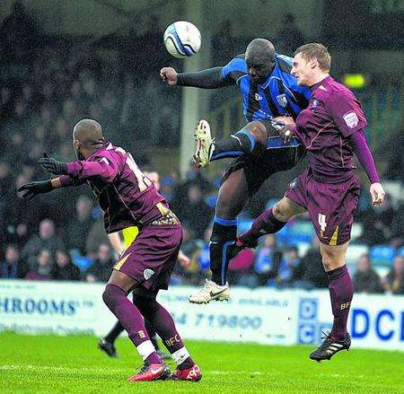 Adebayo Akinfenwa in action for Gillingham during their 1-1 draw with Bury at Priestfield