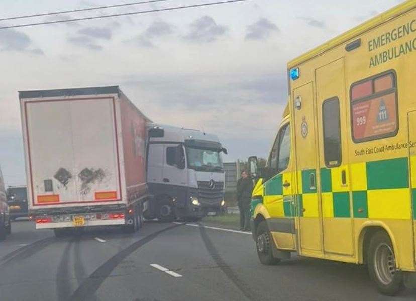 A jackknifed lorry is causing heavy delays on the A249 Maidstone-bound