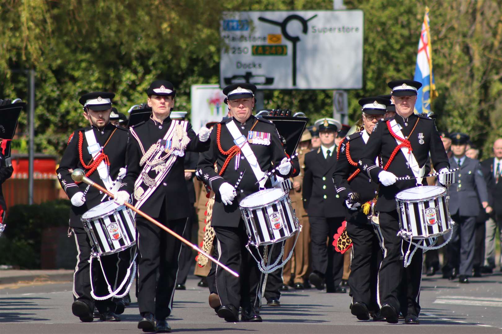The Sheppey St John Ambulance Band leading the parade at the dedication ceremony for the new memorial wall at Sheerness war memorial on Sunday