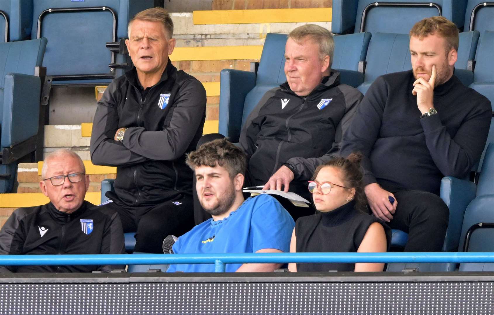 Andy Hessenthaler and Kenny Jackett (back row, from left) will take a lead role in Gillingham’s January transfer window activity. Picture: Keith Gillard