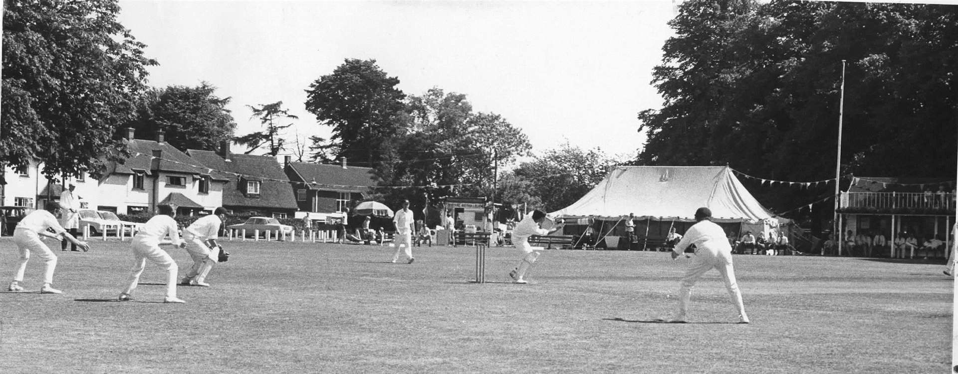 Cricket being played on Meopham Village Green, Kent during the hottest days