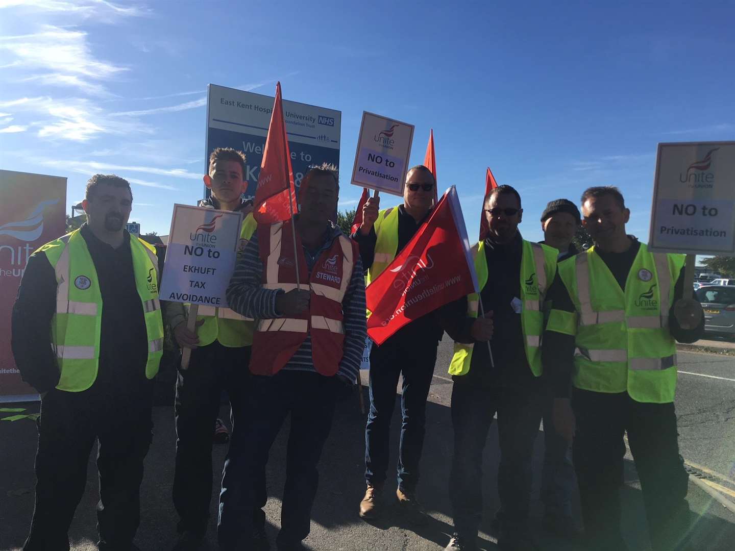 Estates staff on strike outside Kent and Canterbury Hospital.
