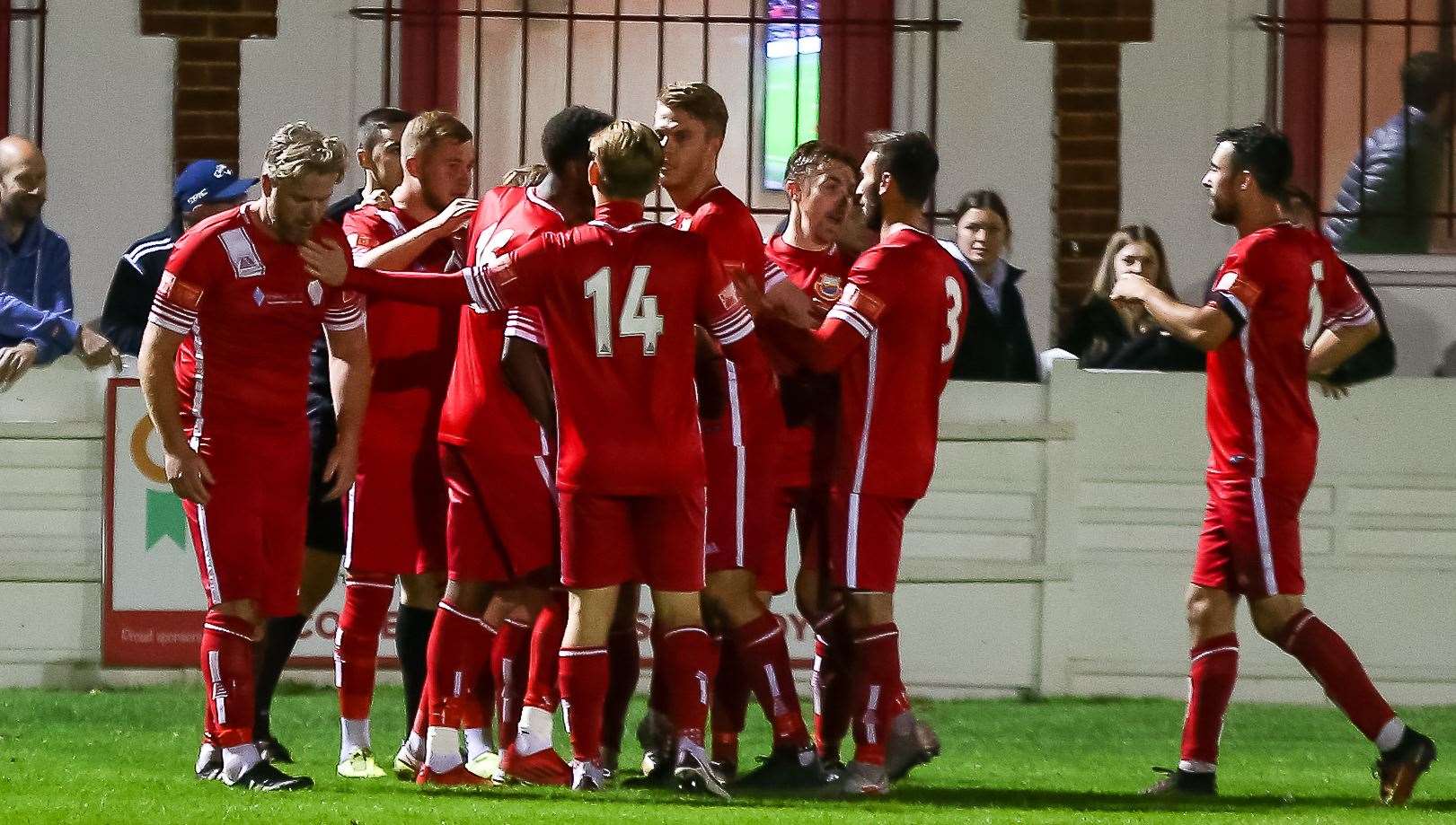 Whitstable celebrate their late winner in their Kent Senior Cup semi-final victory over Gillingham. Picture: Les Biggs