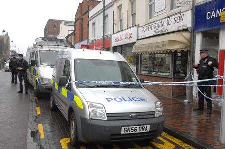 The scene at Battrum and Son Jewelers in Sittingbourne High Street after a robbery