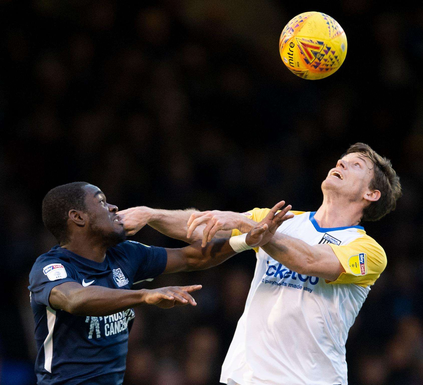 Billy Bingham holds off Southend's Elvis Bwomono Picture: Ady Kerry