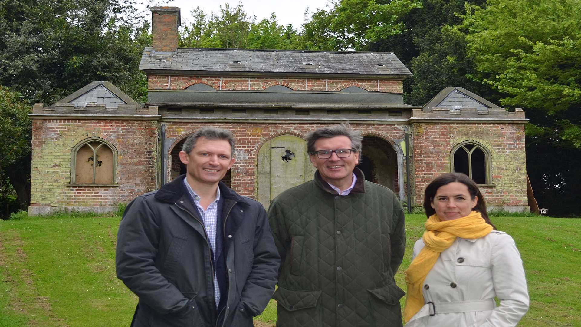 Alastair Dick-Cleland, Mark Hews and Dr Anna Keay outside Cobham Dairy