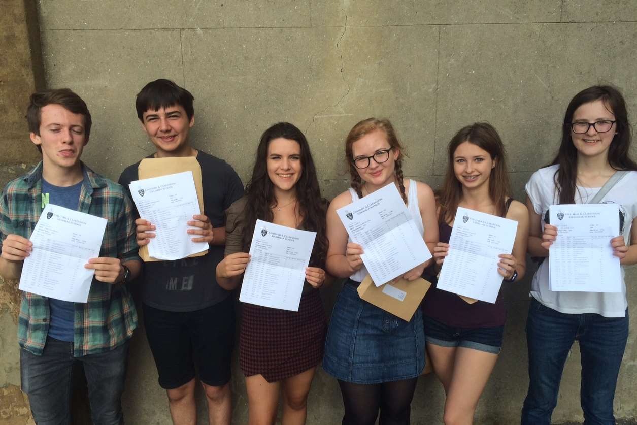 Alistair Manclark, Noe Bathellier, Amber Butler, Morgain Reed, Elena Venturelli, Bethany Turner after receiving their GCSE results at Chatham and Clarendon
