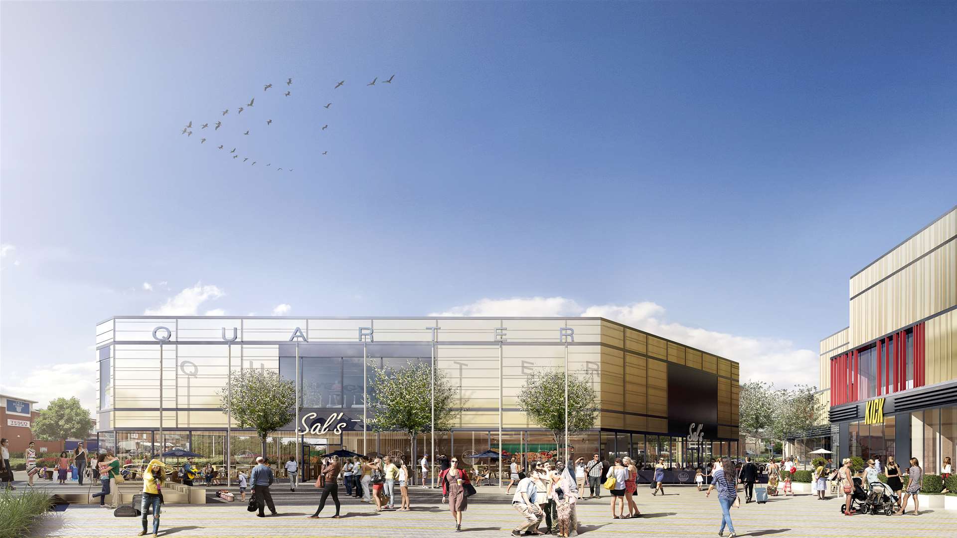 An artists' impression of the leisure quarter, with the Forum shopping centre in the distance on the left