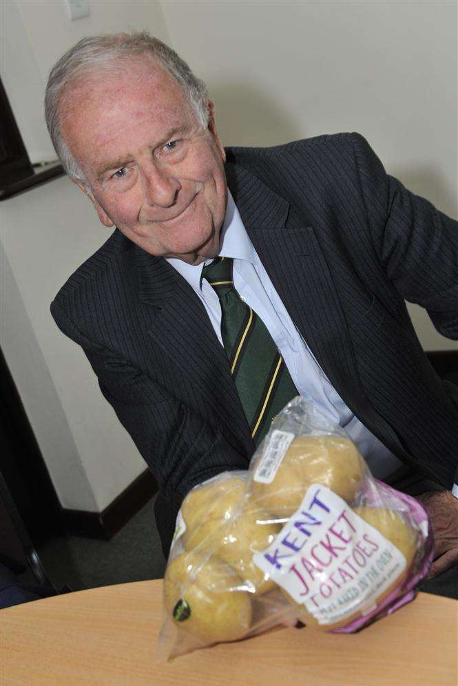 MP Sir Roger Gale with spuds ready for sale at UK supermarkets, produced by Kent Potato Company at St Nicholas-at-Wade.