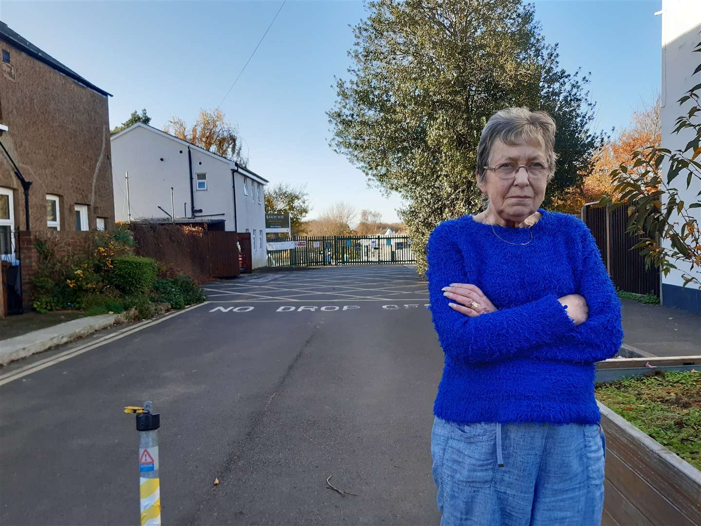 Fed-up pensioner Ann Taylor outside the entrance to the school which borders her front door