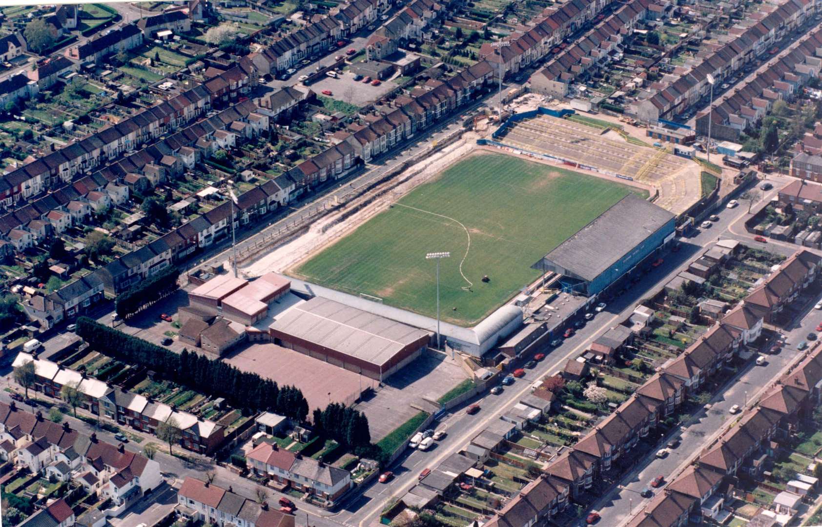 Priestfield Stadium undergoing work in 199. An extensive period of reconstruction took place with a new Gordon Road stand built first, with the main Medway Stand and new Rainham Ends being built shortly after.