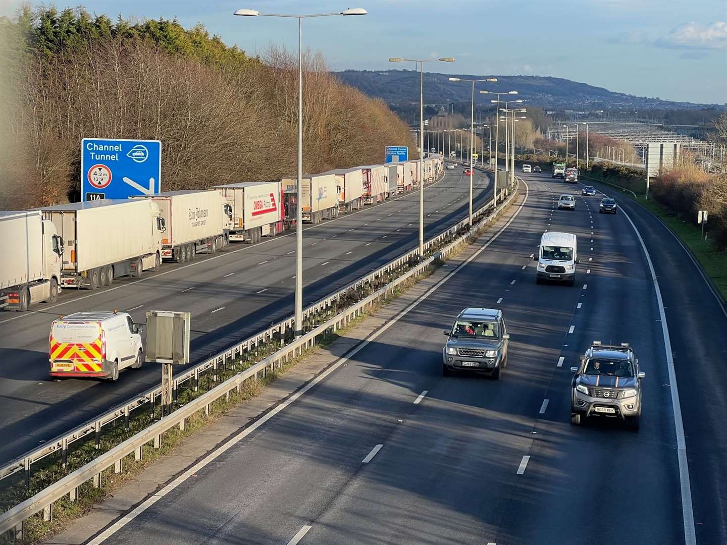 Lorries queuing on the approach to the Channel Tunnel terminal in Folkestone as delays hit the port due to strikes in France. Picture: Barry Goodwin