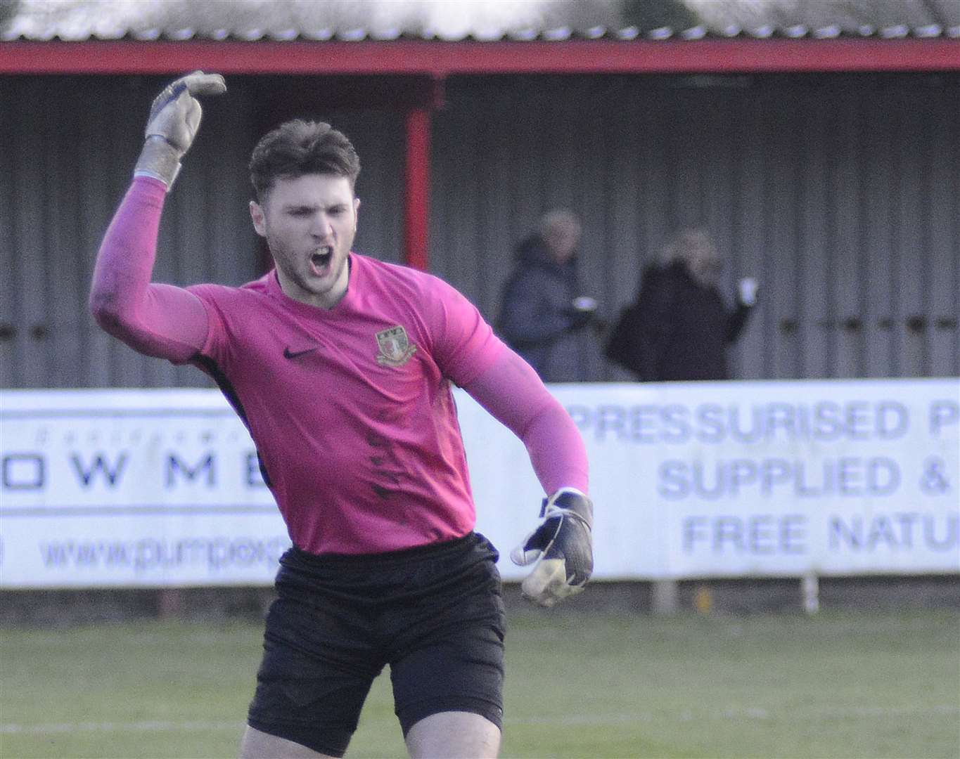 Keeper Jordan Perrin, pictured in his Sittingbourne days, will also be banned this weekend. Picture: Paul Amos