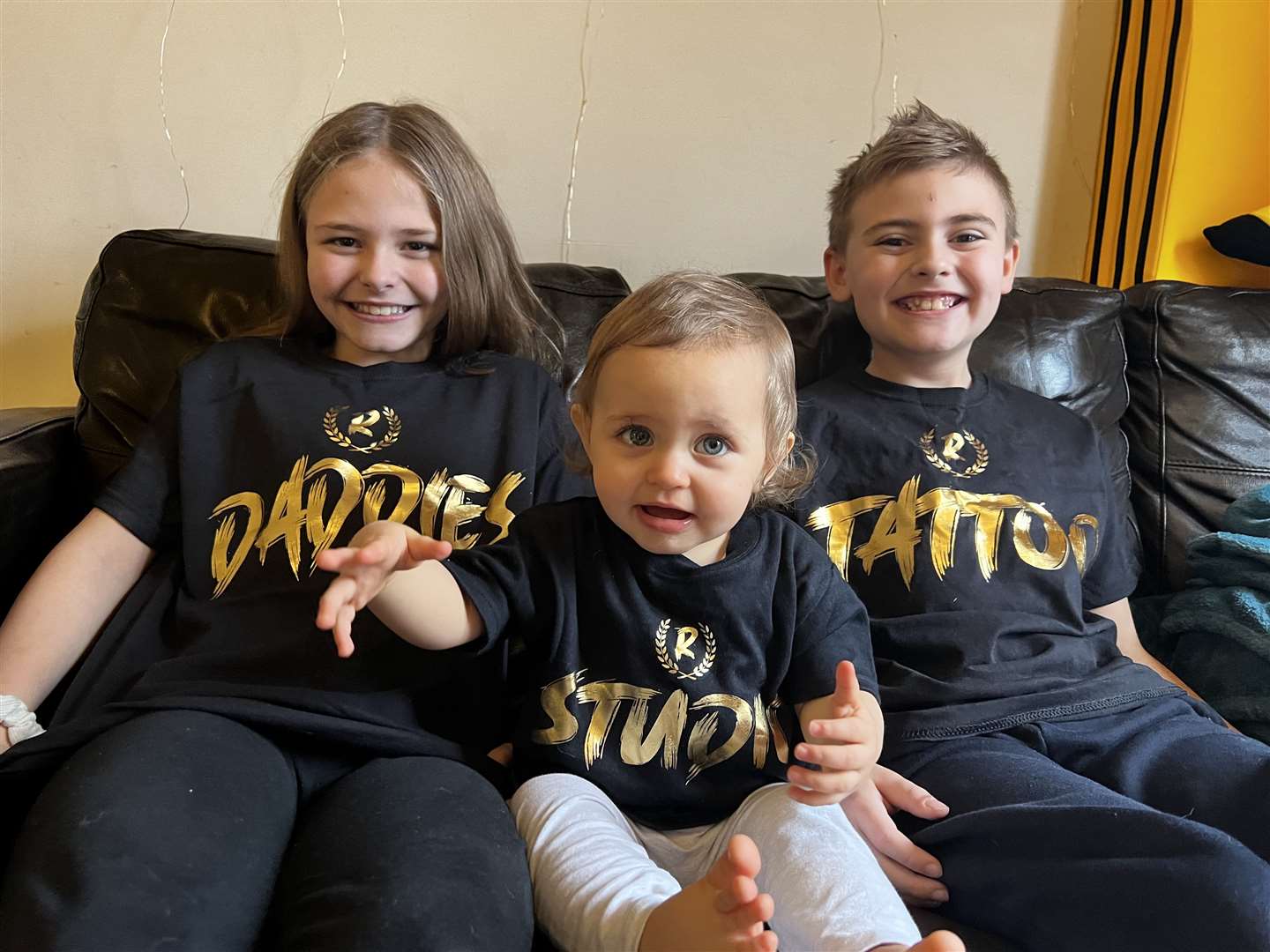Lily-Rose, 10, Tommy, eight, and Lottie Rosewell, one, are excited by their dad's new business venture. Picture: Lauren Rosewell