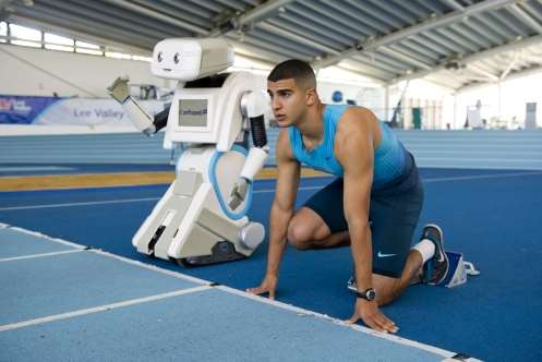 And they're off... BRIAN the robot gives Olympic sprinter Adam Gemili a run for his money