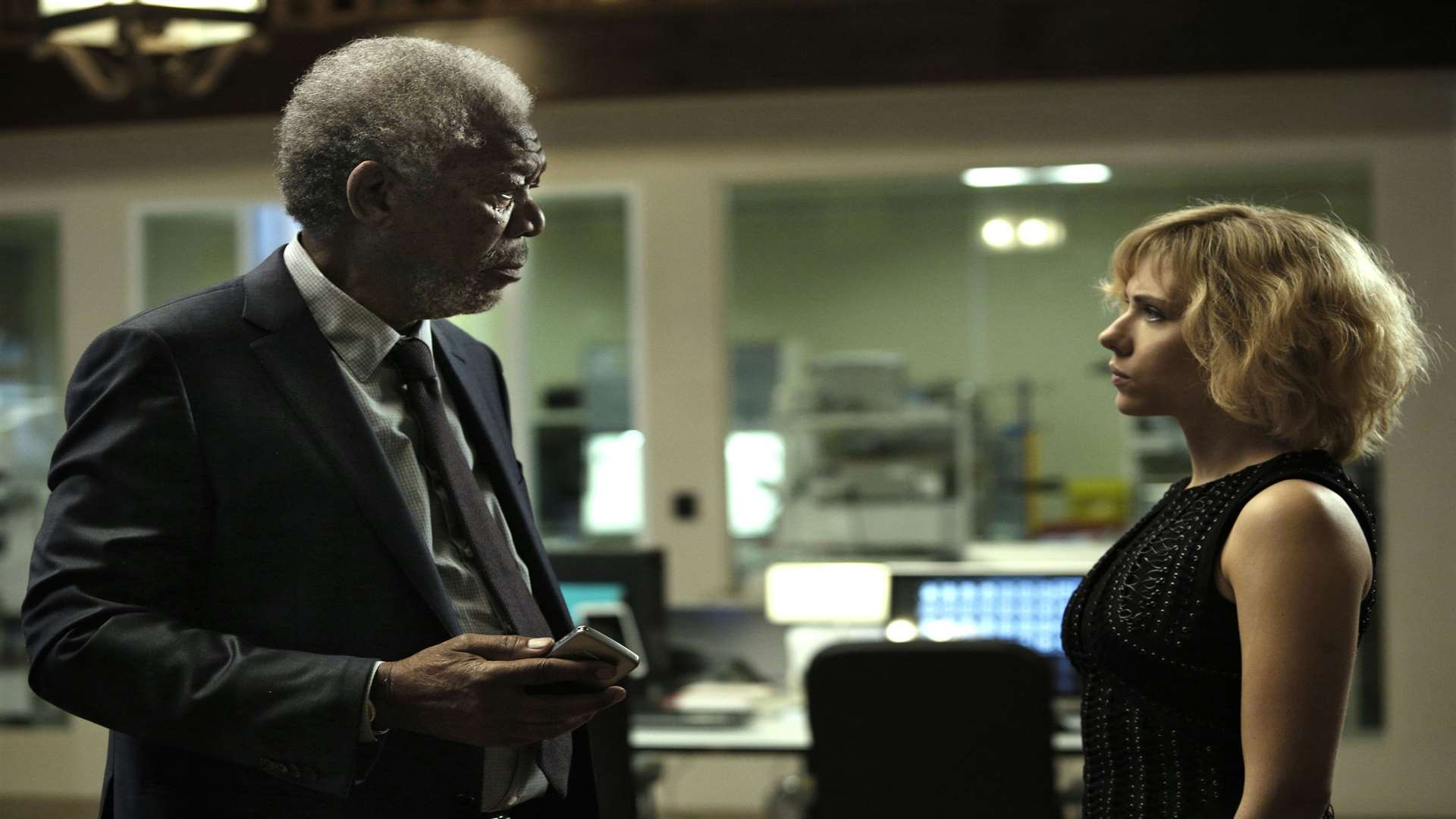 Scarlett Johansson as Lucy and Morgan Freeman as Samuel Norman, in Lucy. Picture: PA Photo/UPI Media