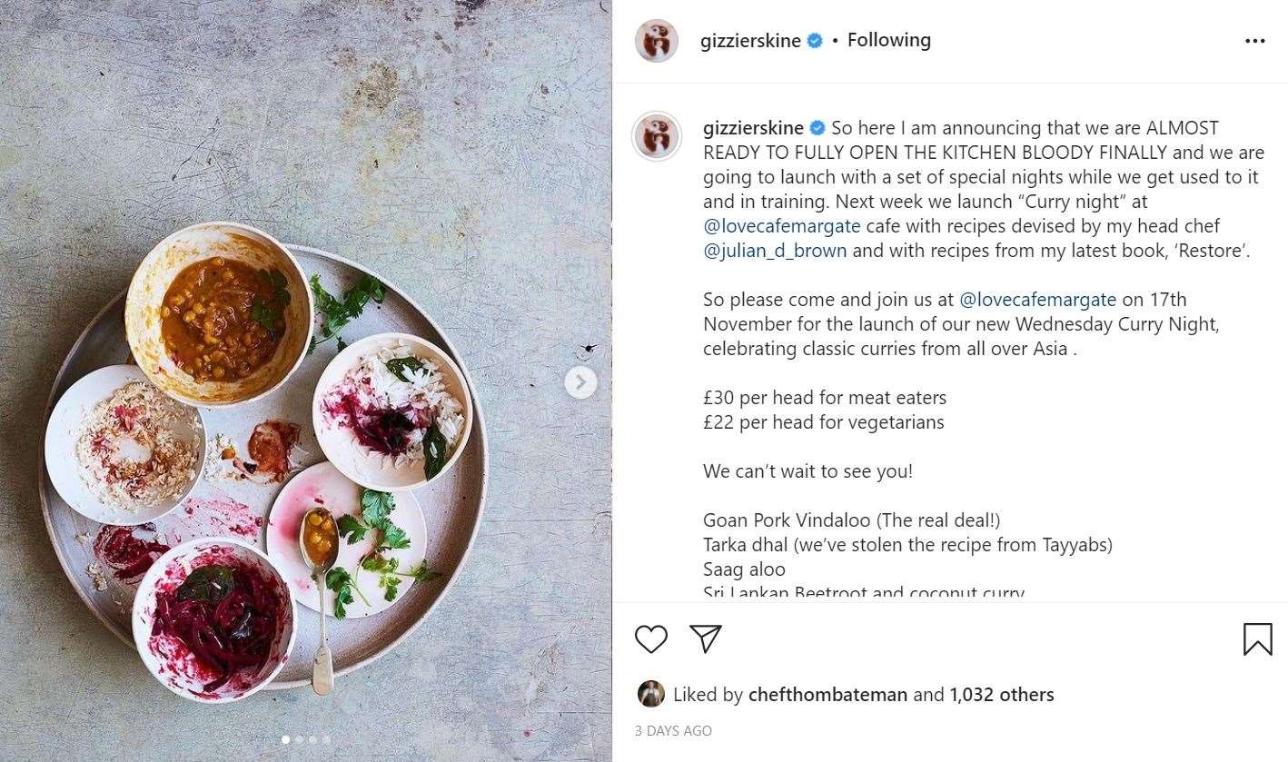 Ms Erskine's post on Instagram now describes the curry night as 'celebrating classic curries from all over Asia'. Picture: Gizzi Erskine/Instagram