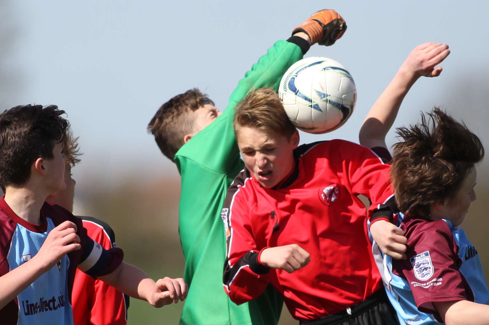 Penalty area action between Rainham Kenilworth, red, and Wigmore Youth in Under-15 Division 1 Picture: John Westhrop
