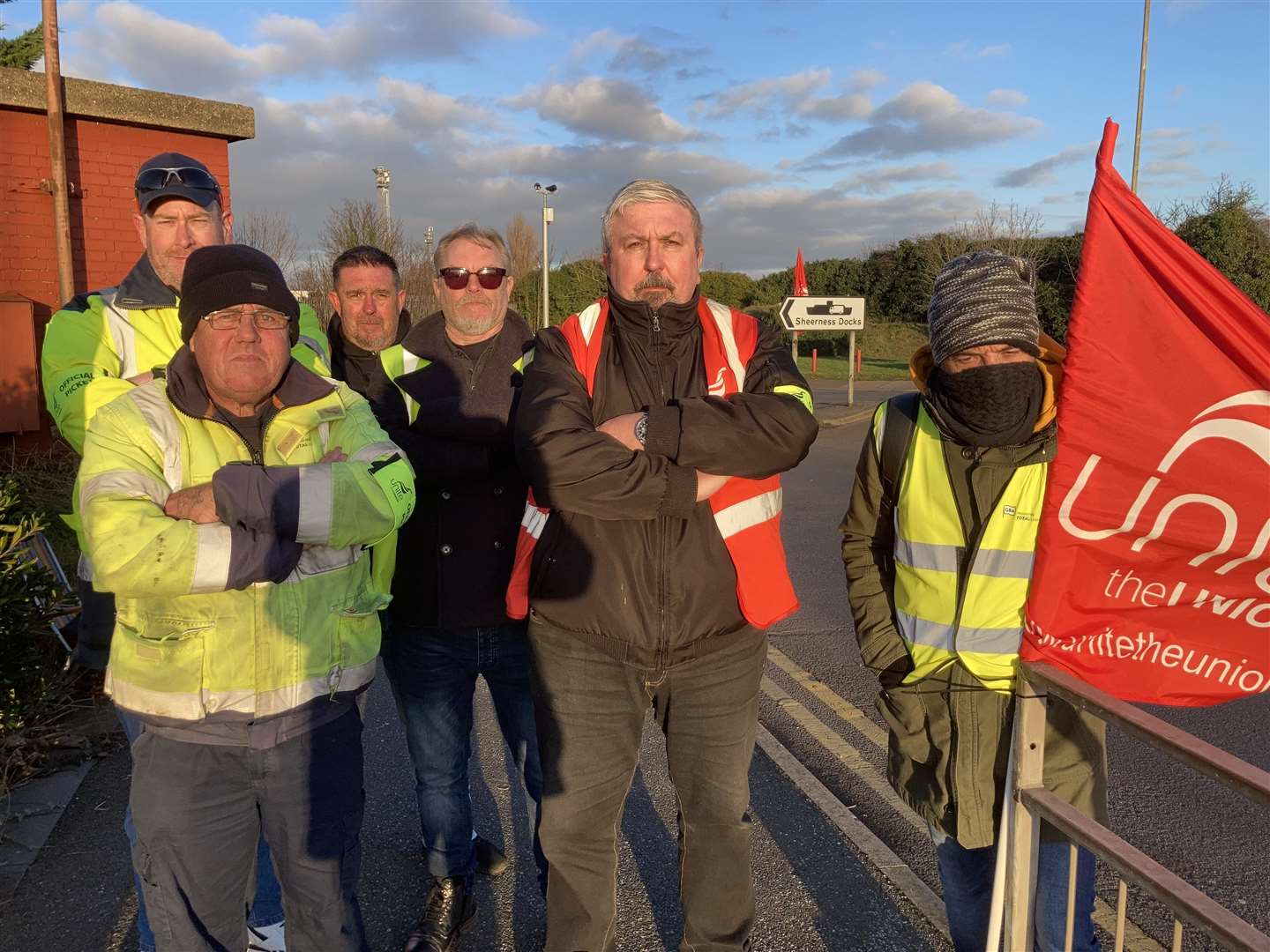 Unite pickets outside Sheerness Docks on the Isle of Sheppey with regional officer Phil Silkstone (front, right)