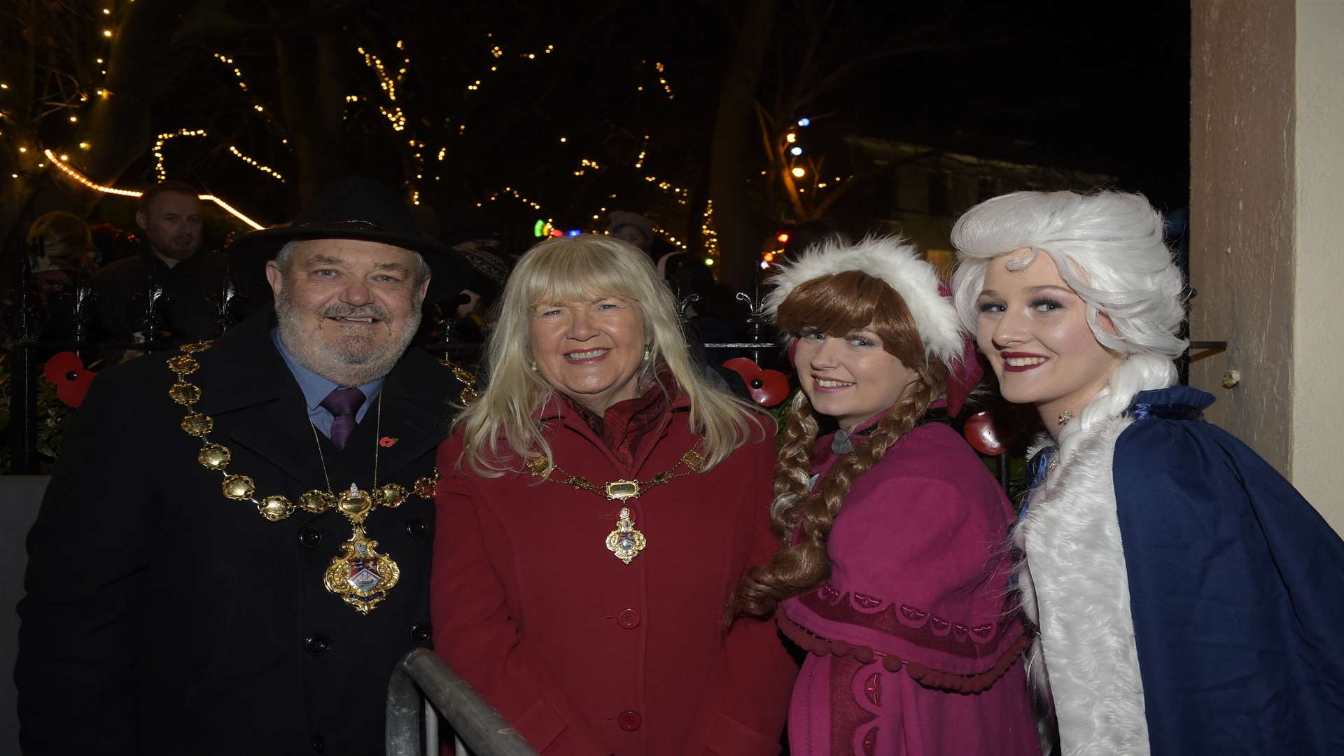 Mayor Peter Shaw with wife Frances, and Frozen's Anna and Elsa