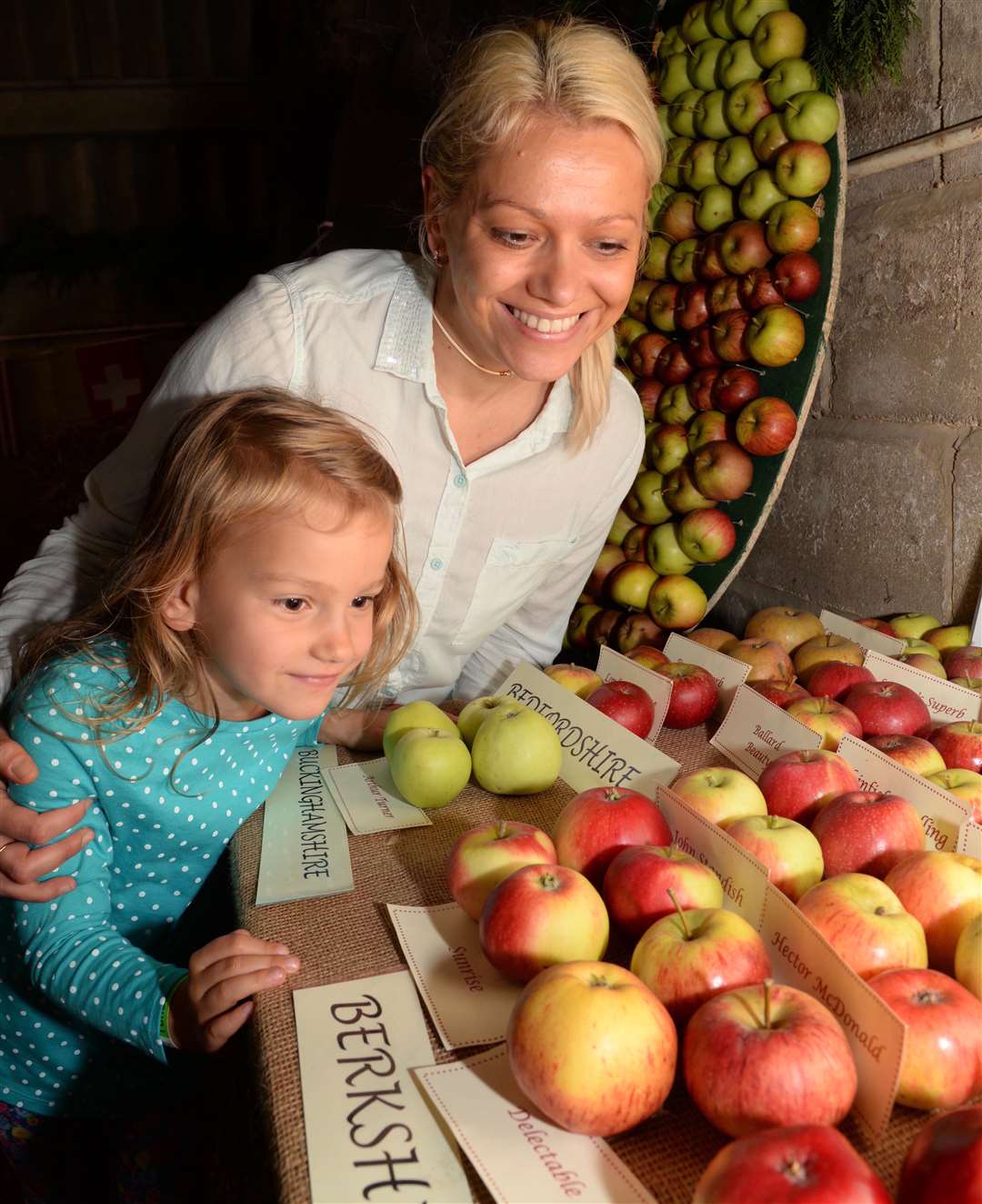 Elizabeth, five and Ieva Kristolde inspect one of the displays at the apple festival last year Picture: Chris Davey