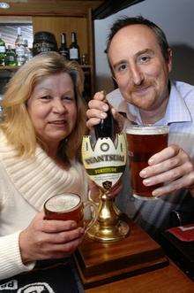 Landlady Linda Barker and Brewer James Sandy sample 'Fortitude' at the Pheonix Tavern in Old Dover Road, Canterbury. Picture: Chris Davey