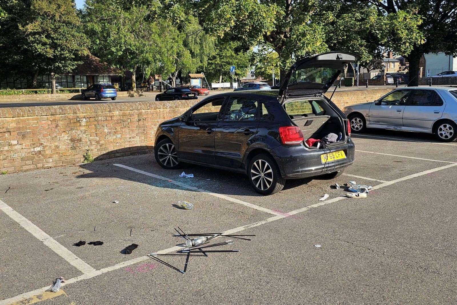 Central car park Faversham was strewn with items torn from this car’s boot