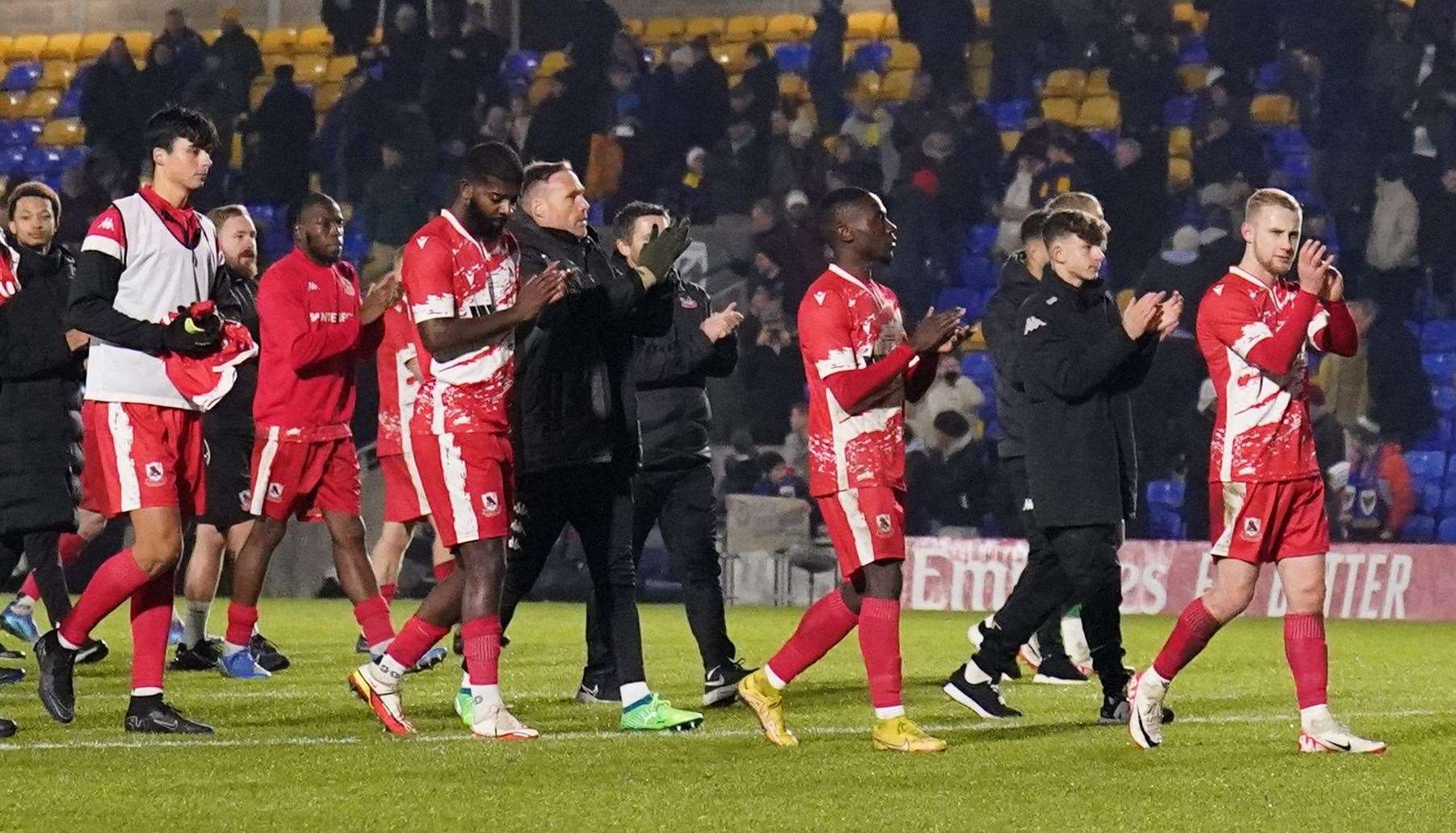 Ramsgate players thank the travelling fans after their FA Cup exit at AFC Wimbledon. Picture: PA Images