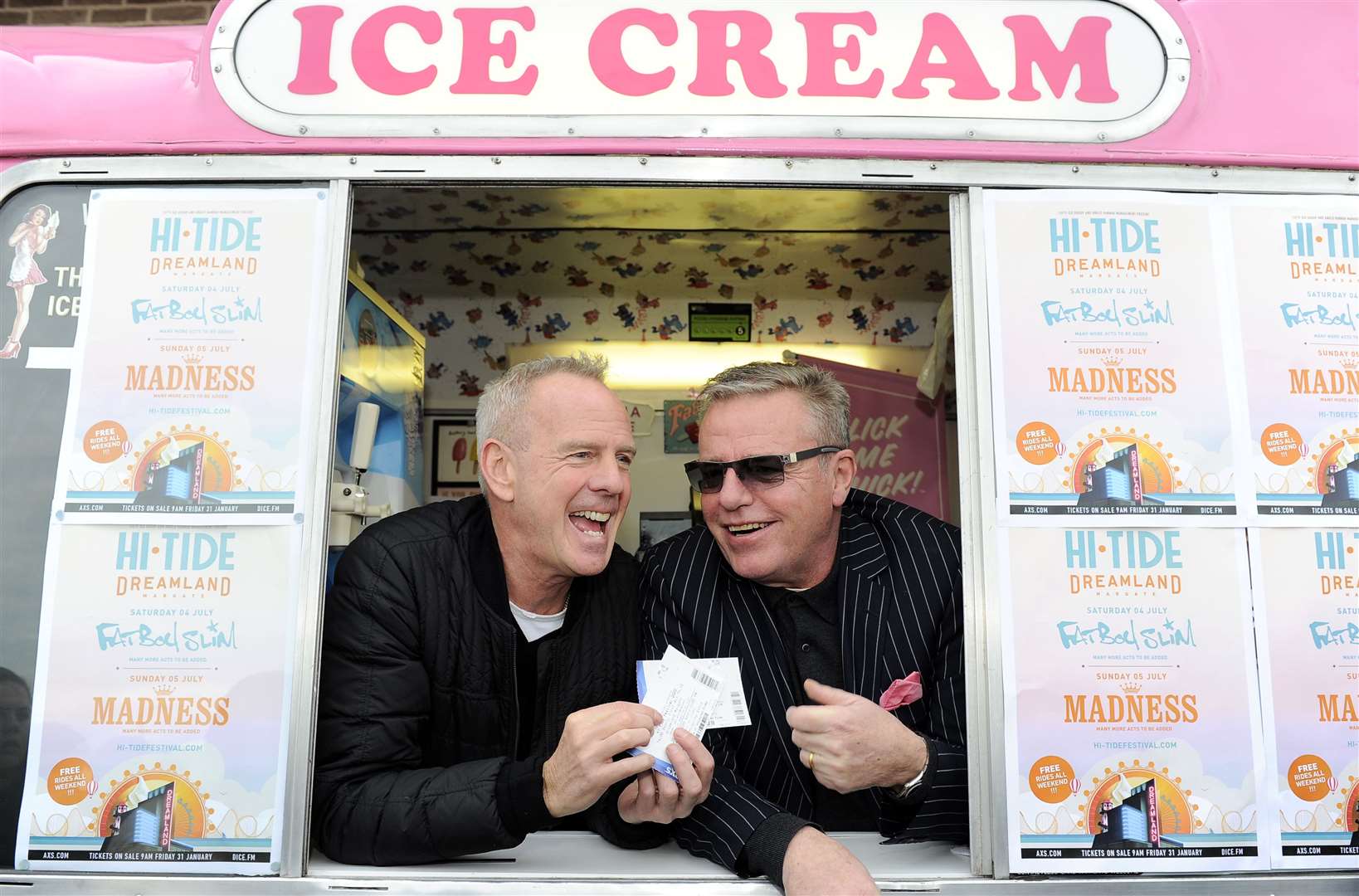 Norman Cook (aka Fatboy Slim) and Madness front man Suggs gave out free tickets to the festival, from an ice cream van Picture: Matt Kent