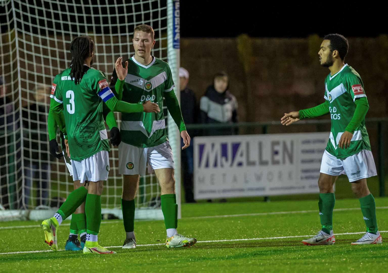 Harvey Brand celebrates his goal with skipper Bradley Simms and Tariq Ossai as Ashford go 2-1 up on Westfield. Picture: Ian Scammell
