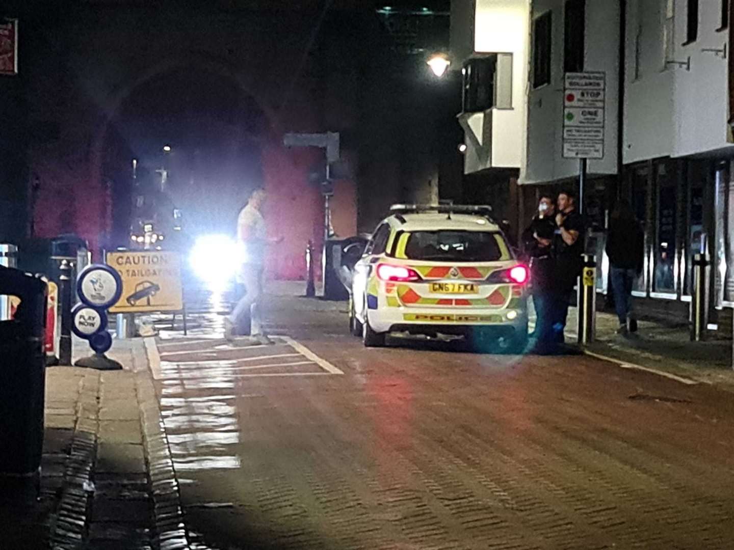 Recovery vehicle in St Peter's Street, Canterbury, after police car got stuck on bollard. Picture: Charlie Osborne