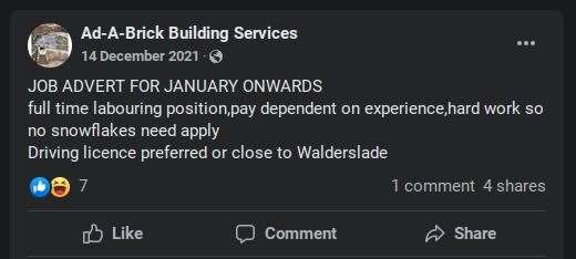 Adam Weedon is still without a labourer since posting his advert