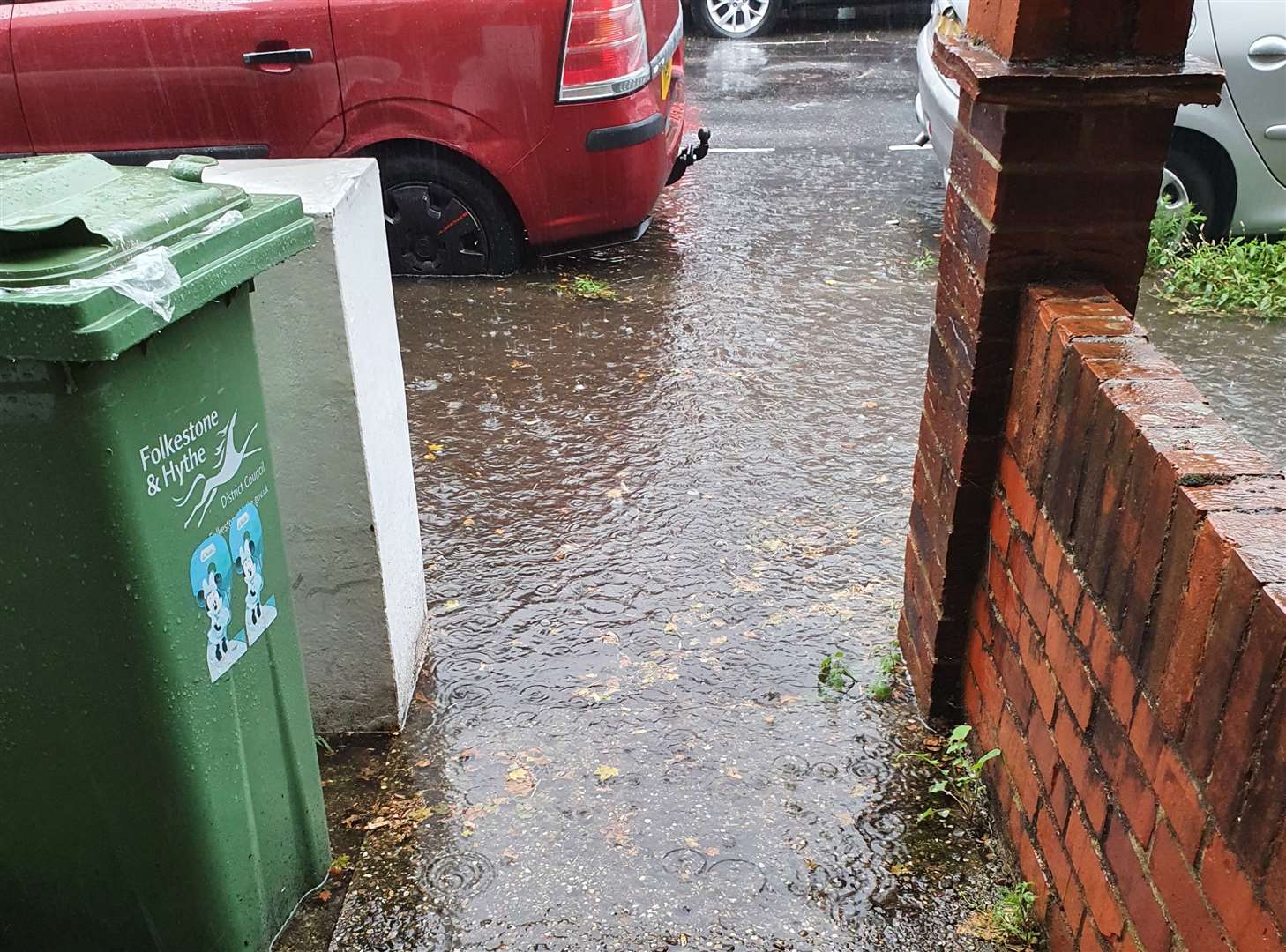 The flooding outside his house in Russell Road, Folkestone