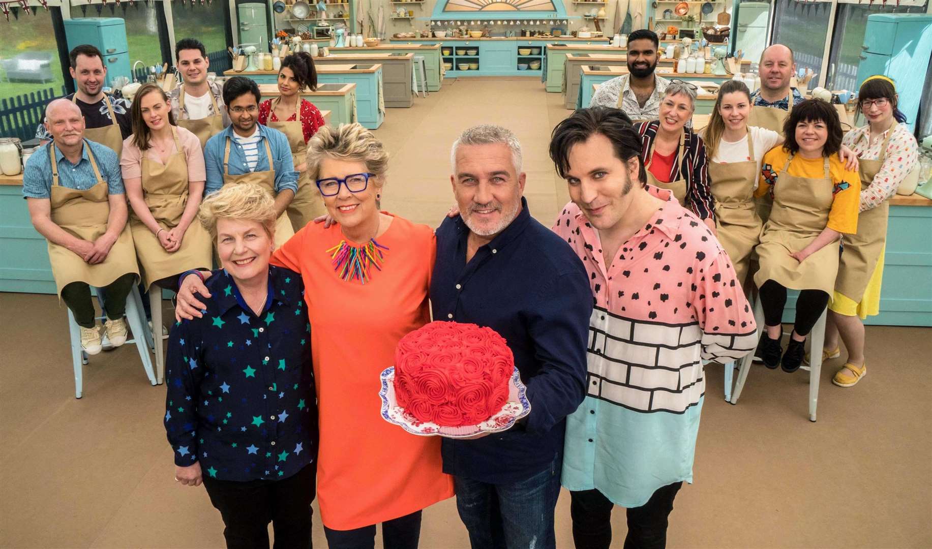 Presenters Noel fielding, Sandi Toksvig and judges Paul Hollywood, Prue Leith with the Great British Bake Off contestants. Picture: Channel 4