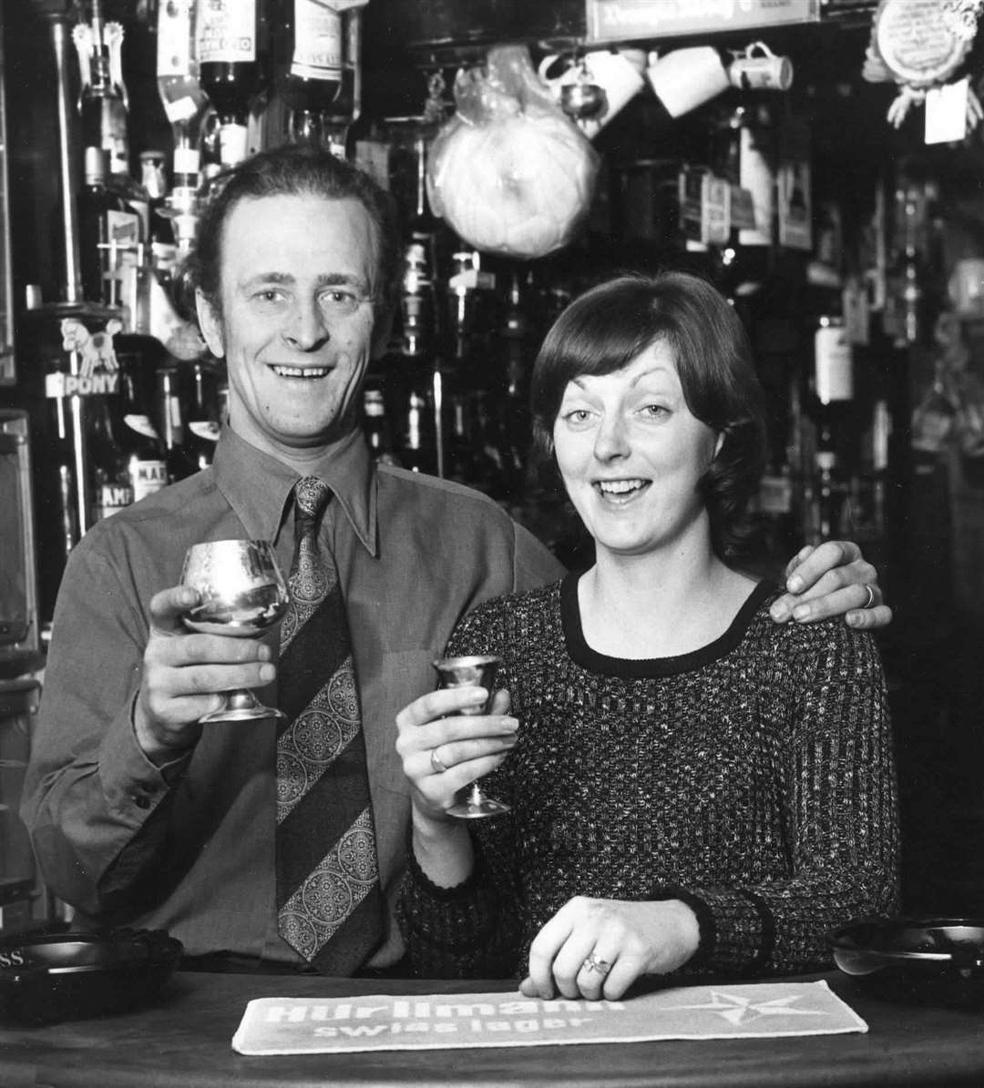 Brian and Linda Russell, landlords of the Royal Oak in Mersham in 1974
