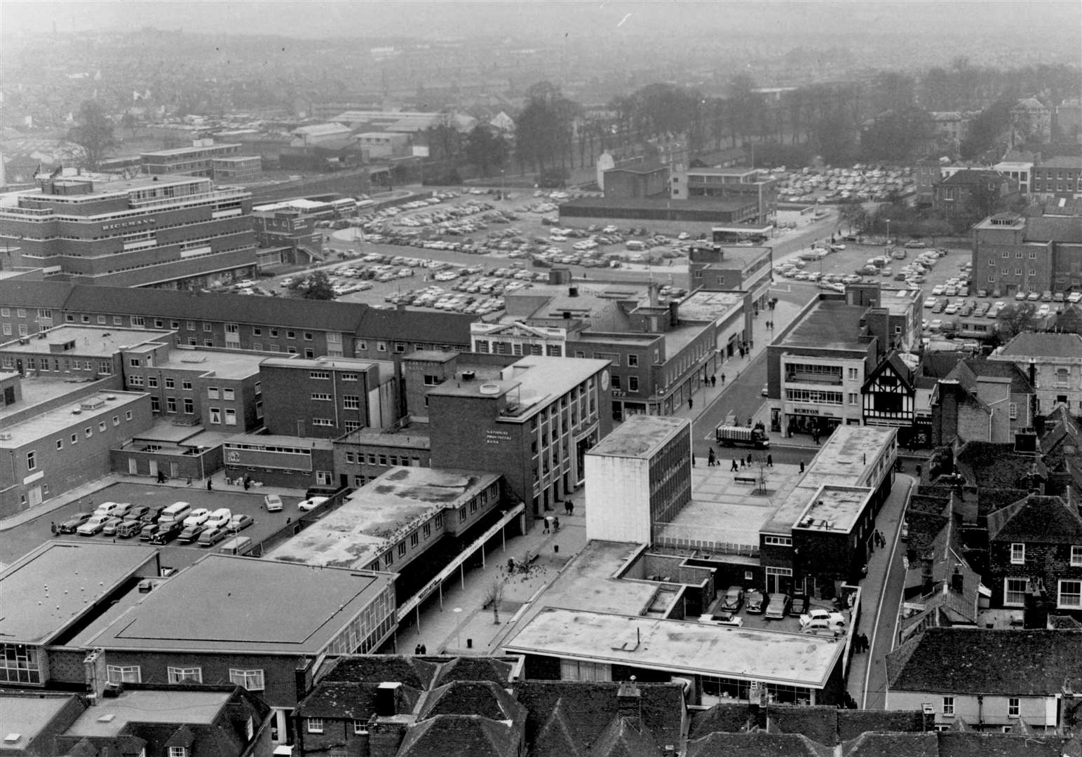 View from the Bell Harry tower of Canterbury Cathedral in February 1968
