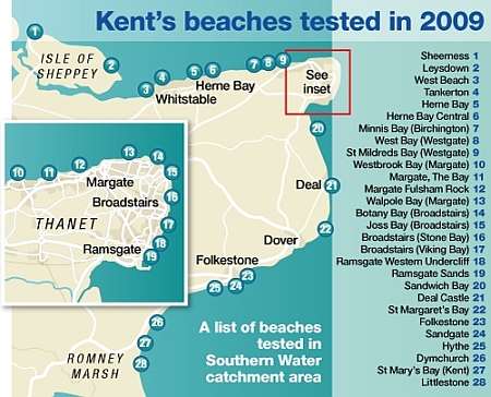 Kent beaches tested in 2009. Graphic: James Norris