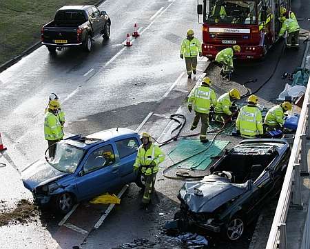 A man had to be cut from a car after a crash on Hythe Road near Junction 10 of the M20 at Ashford