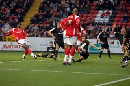 Sam Sodje gives Charlton the lead. Picture: BARRY GOODWIN