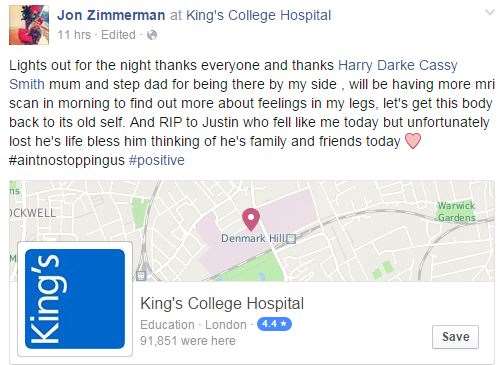 Jon Zimmerman paid tribute to Justin Newitt from King's Hospital after an unconnected accident